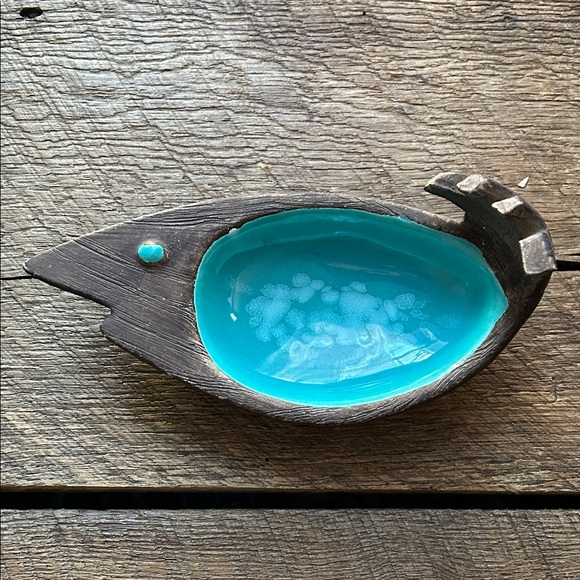 Vintage California Pottery Fish Bowl Dish Mid Century Modern Turquoise Serving - Picture 1 of 4